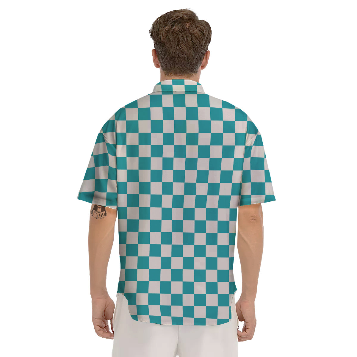 Aqua Checkered Flag Print Men's Short Sleeve Shirts-grizzshop