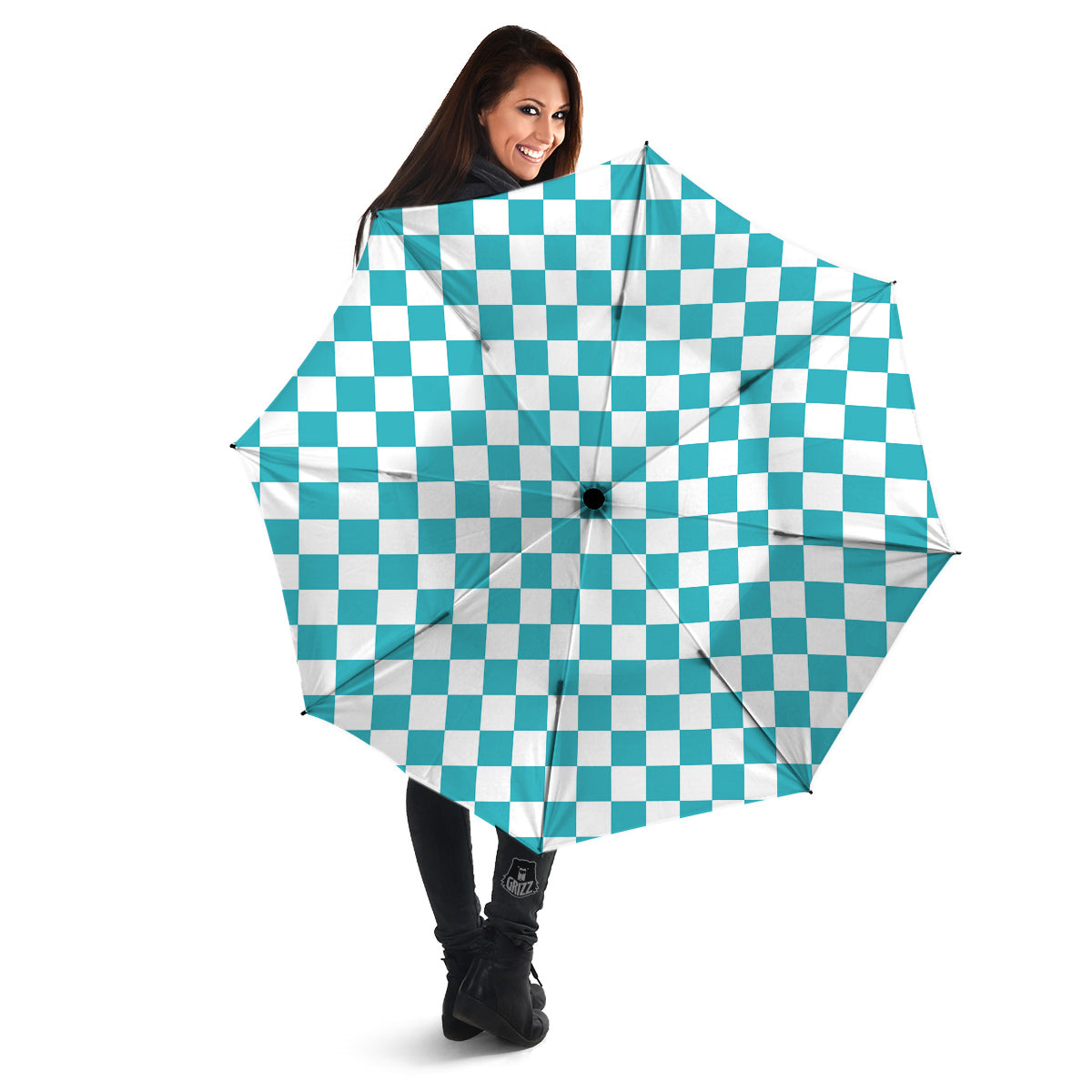 Aqua Checkered Flag Print Umbrella-grizzshop