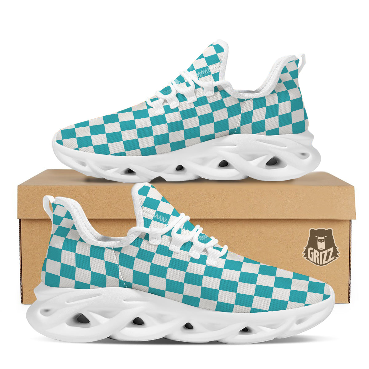 Aqua Checkered Flag Print White Running Shoes-grizzshop