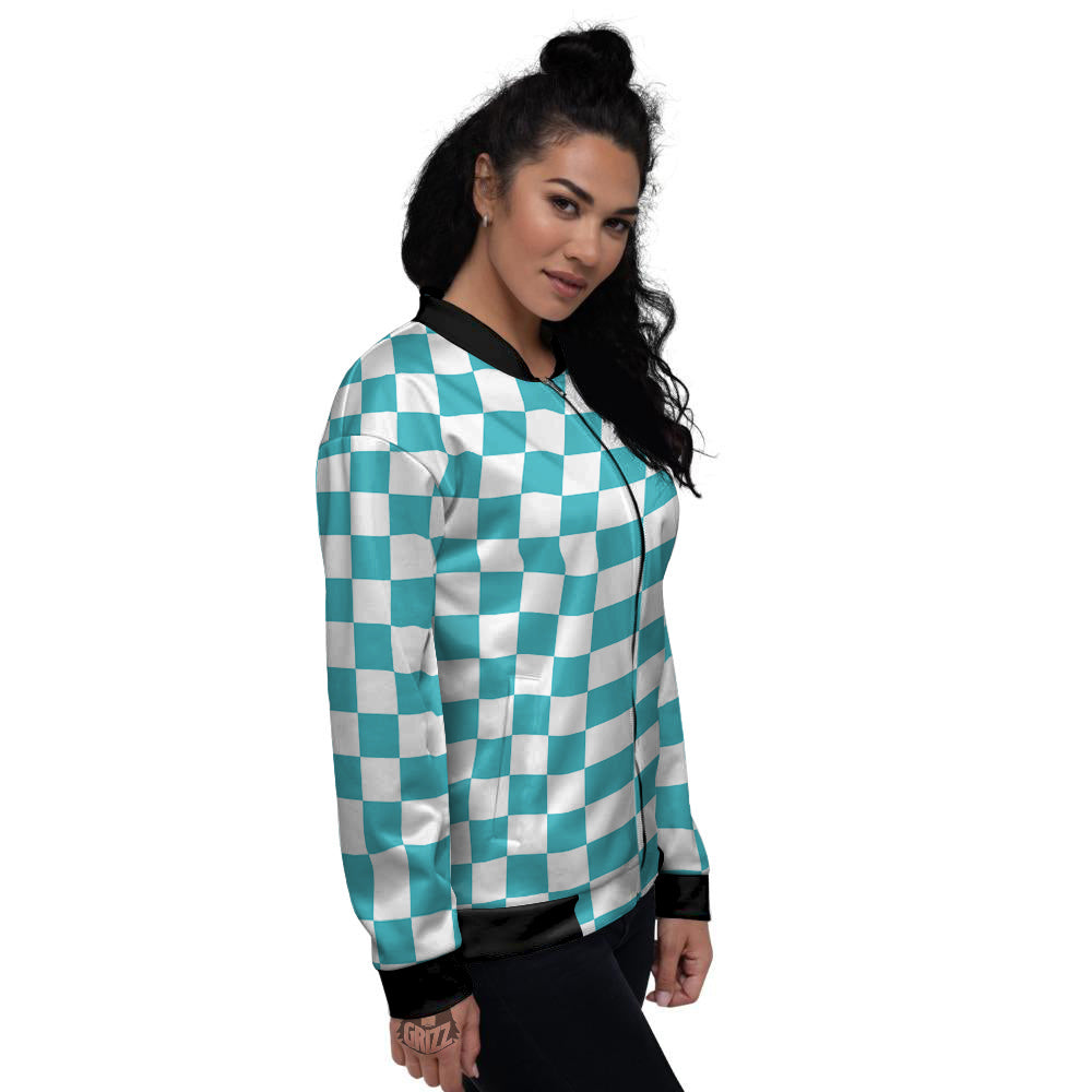 Aqua Checkered Flag Print Women's Bomber Jacket-grizzshop