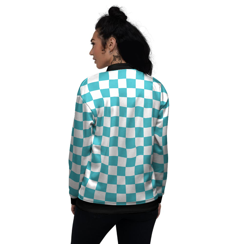 Aqua Checkered Flag Print Women's Bomber Jacket-grizzshop