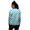 Aqua Checkered Flag Print Women's Bomber Jacket-grizzshop