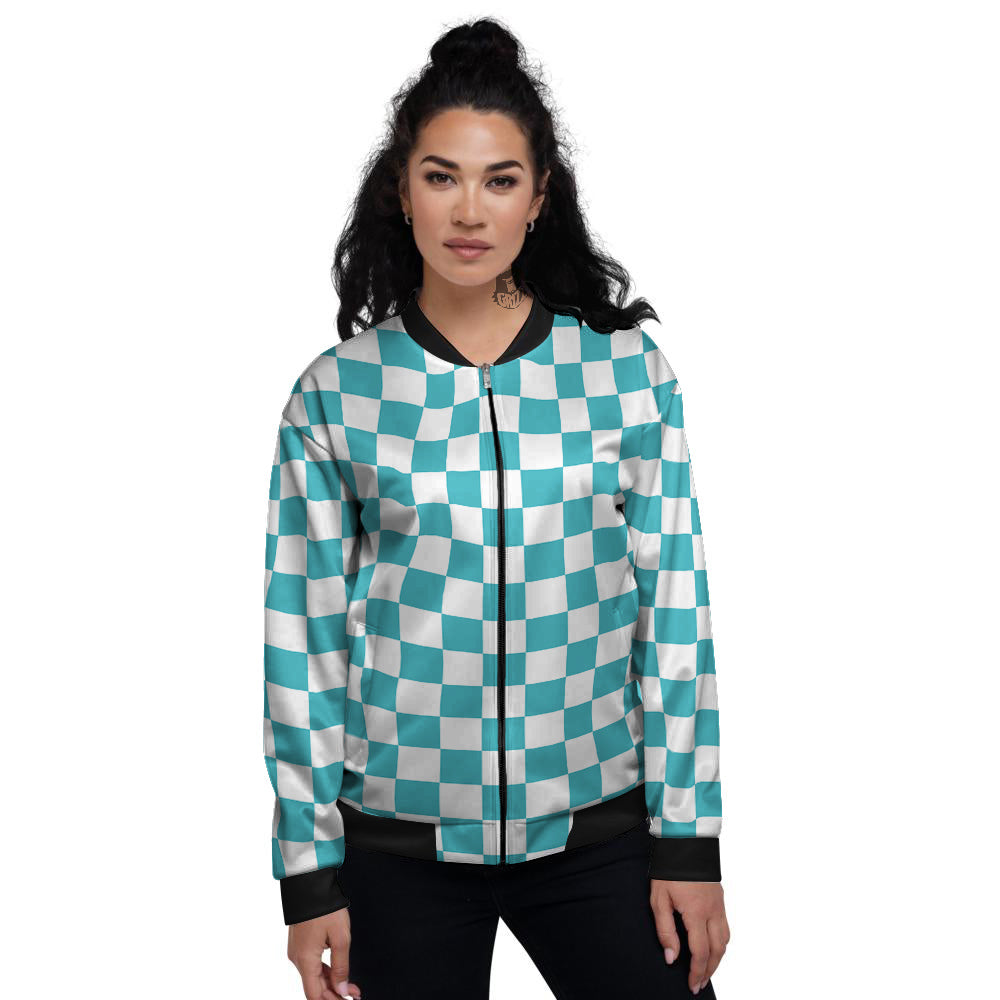 Aqua Checkered Flag Print Women's Bomber Jacket-grizzshop