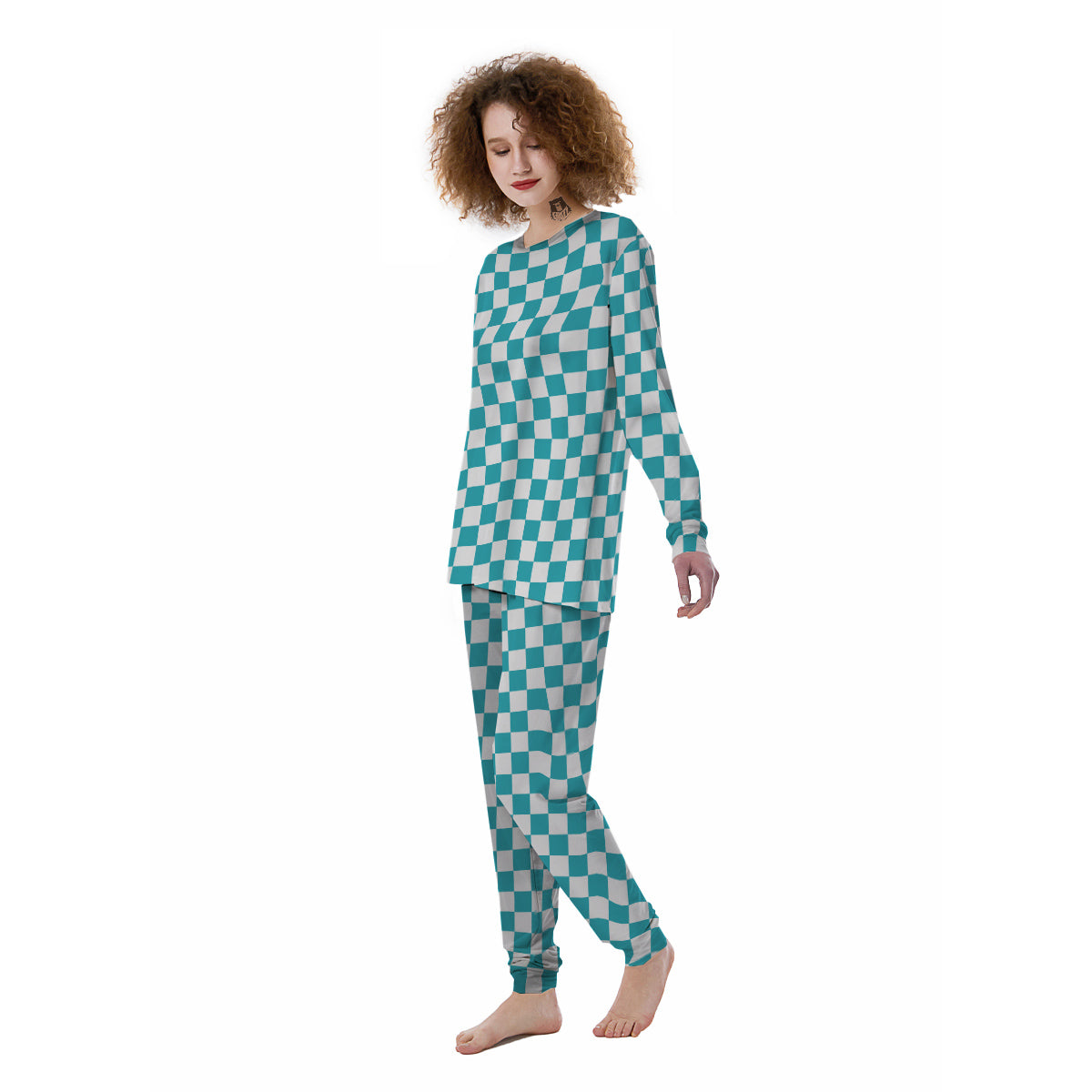 Aqua Checkered Flag Print Women's Pajamas-grizzshop