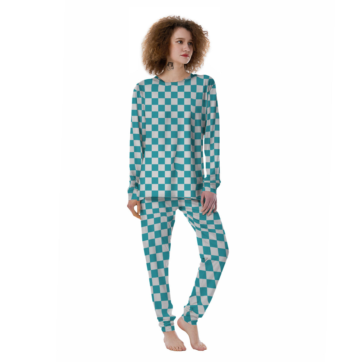 Aqua Checkered Flag Print Women's Pajamas-grizzshop