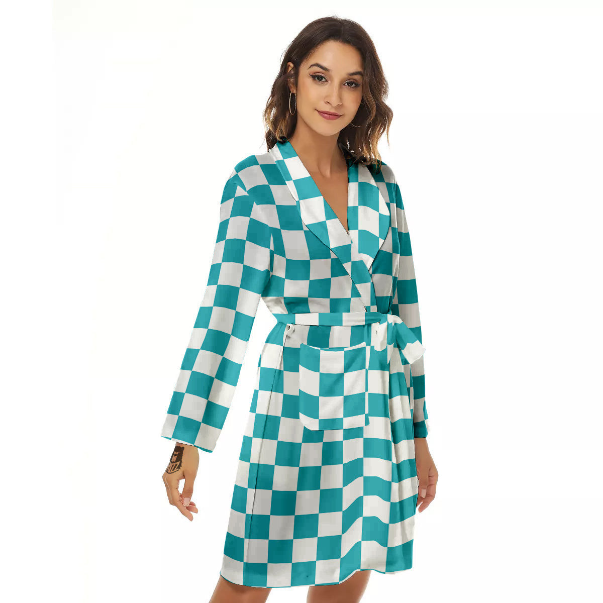 Aqua Checkered Flag Print Women's Robe-grizzshop