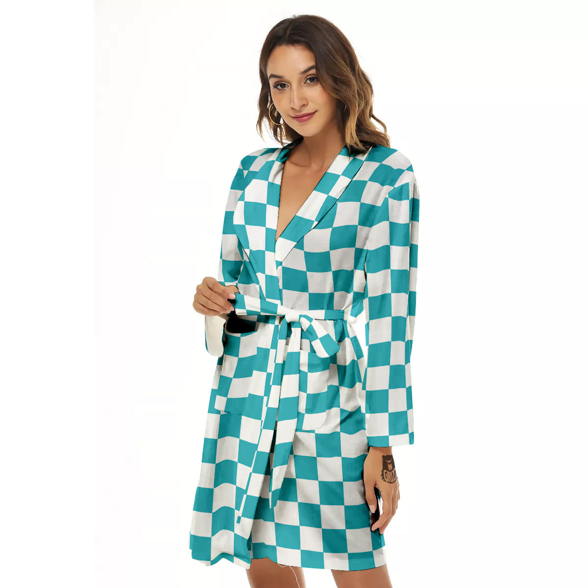 Aqua Checkered Flag Print Women's Robe-grizzshop