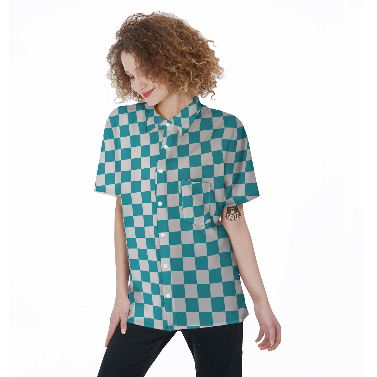 Aqua Checkered Flag Print Women's Short Sleeve Shirts-grizzshop