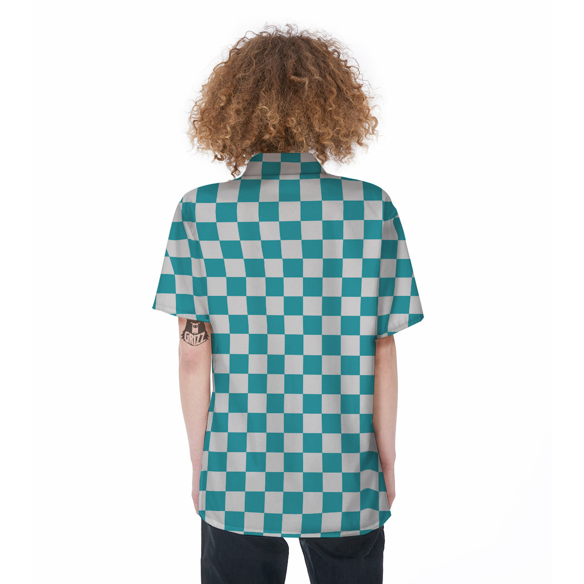 Aqua Checkered Flag Print Women's Short Sleeve Shirts-grizzshop