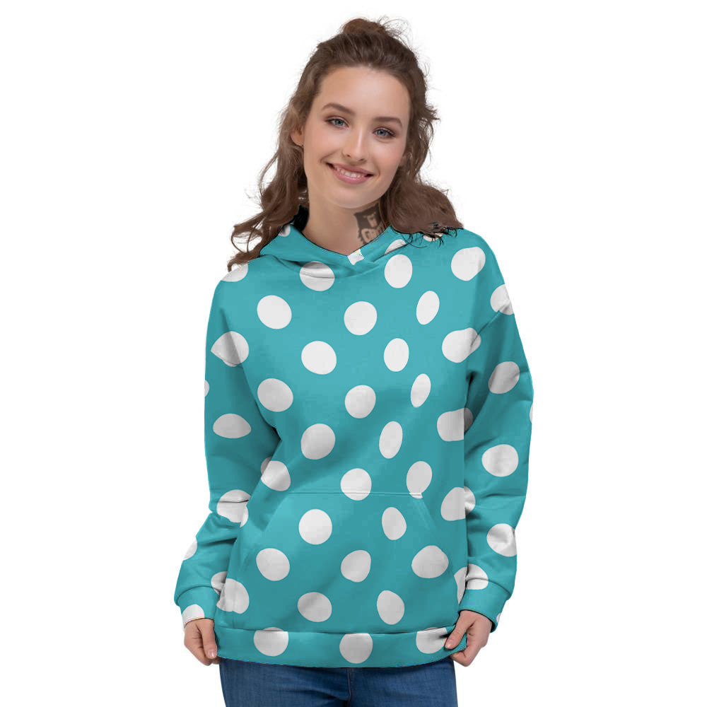 Aqua Color Polka Dot Print Pattern Women's Hoodie-grizzshop
