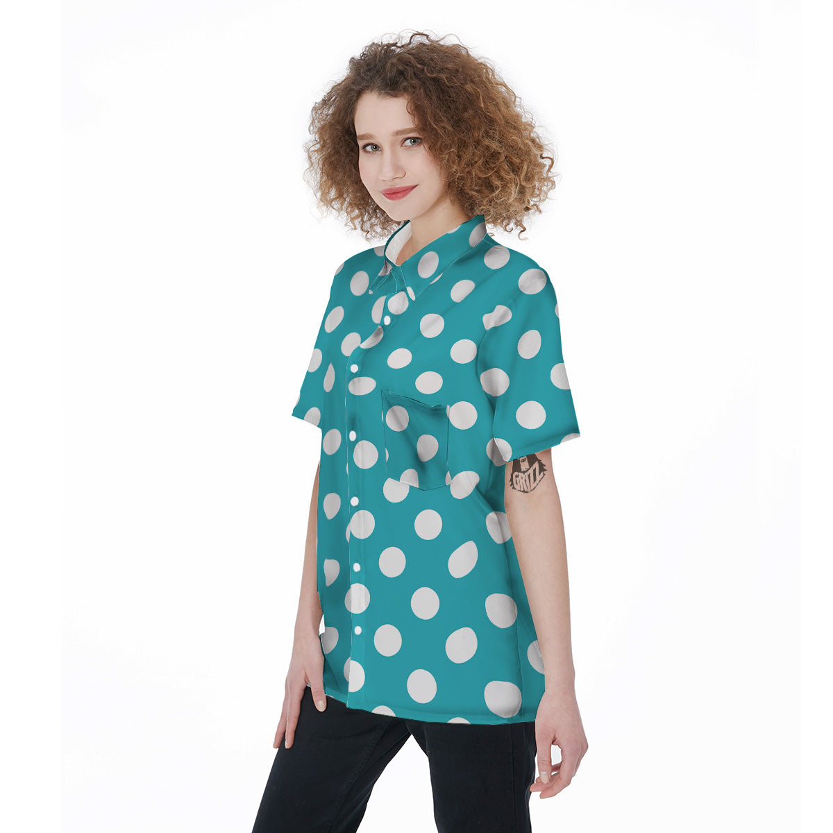 Aqua Color Polka Dot Print Pattern Women's Short Sleeve Shirts-grizzshop