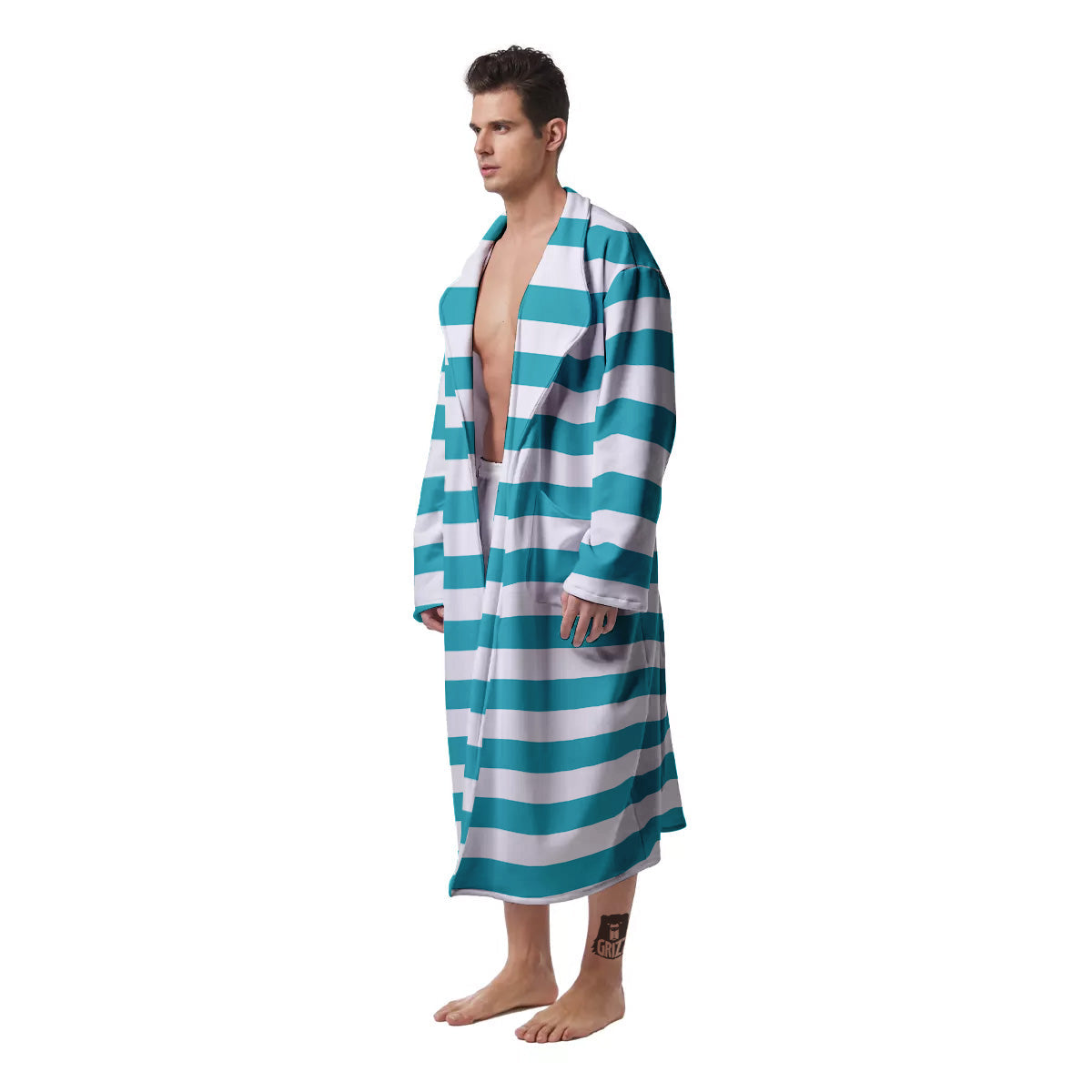 Aqua Color Striped Print Men's Robe-grizzshop