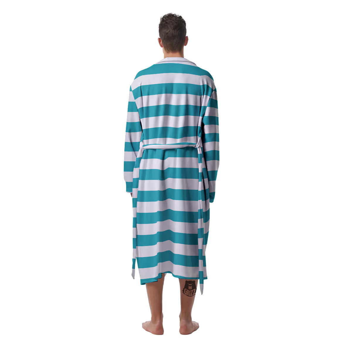 Aqua Color Striped Print Men's Robe-grizzshop