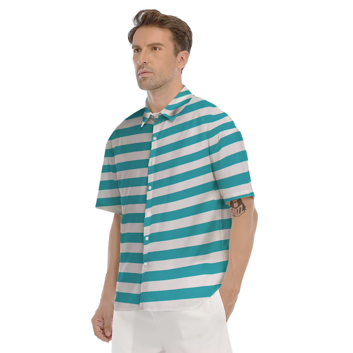 Aqua Color Striped Print Men's Short Sleeve Shirts-grizzshop