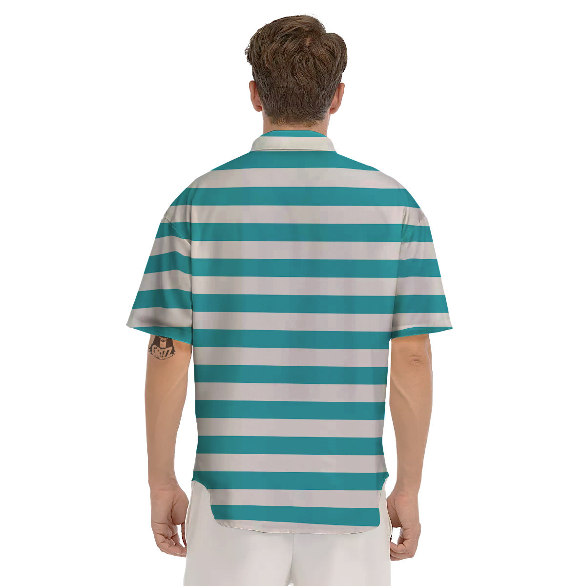 Aqua Color Striped Print Men's Short Sleeve Shirts-grizzshop