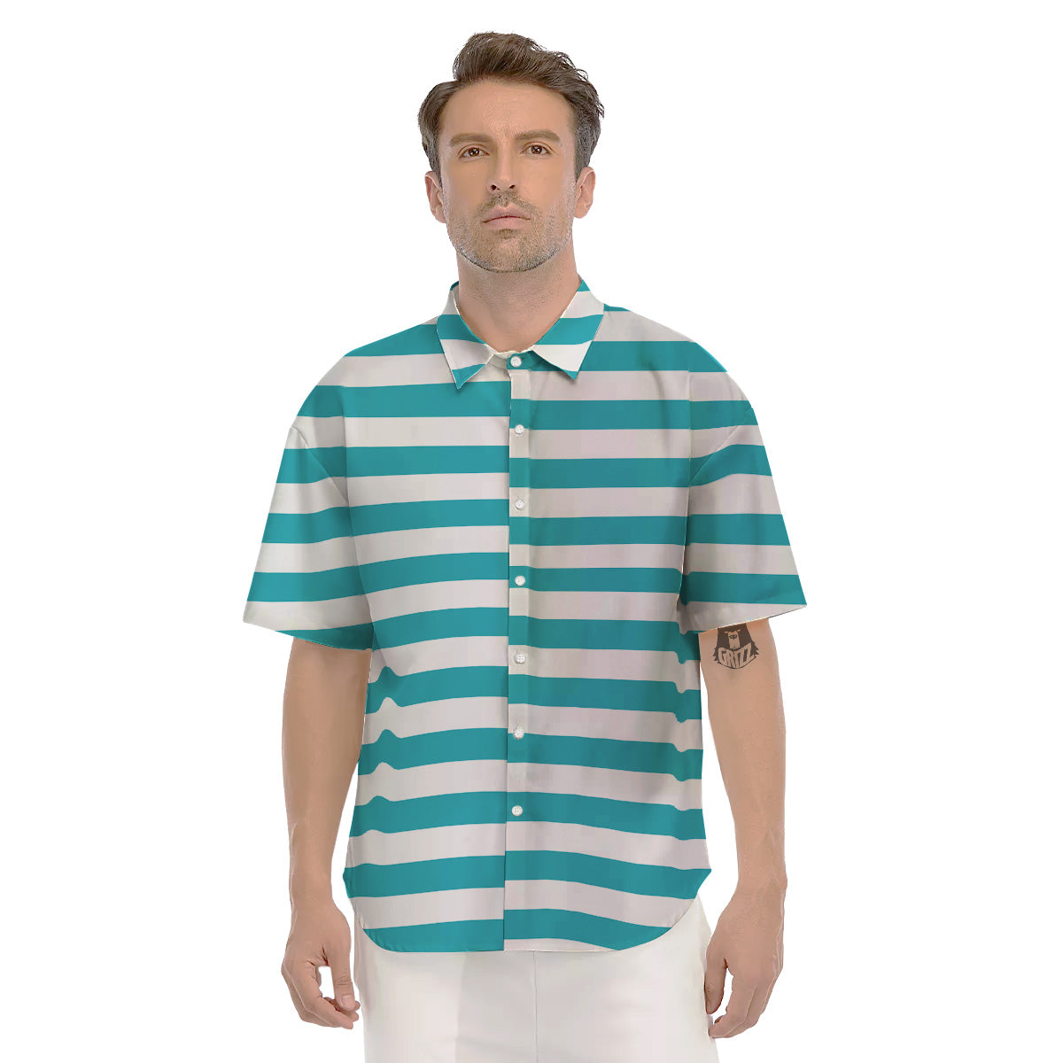 Aqua Color Striped Print Men's Short Sleeve Shirts-grizzshop