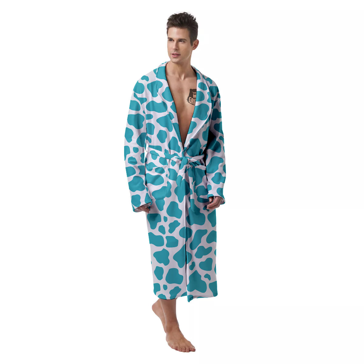 Aqua Cow Print Pattern Men's Robe-grizzshop