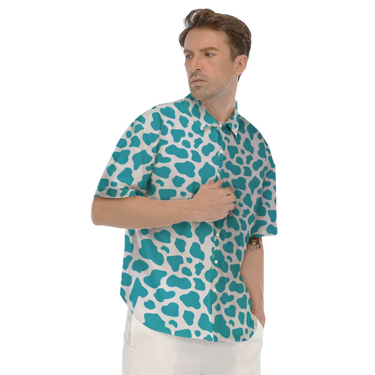 Aqua Cow Print Pattern Men's Short Sleeve Shirts-grizzshop