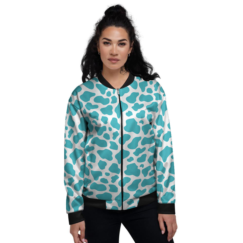 Aqua Cow Print Pattern Women's Bomber Jacket-grizzshop