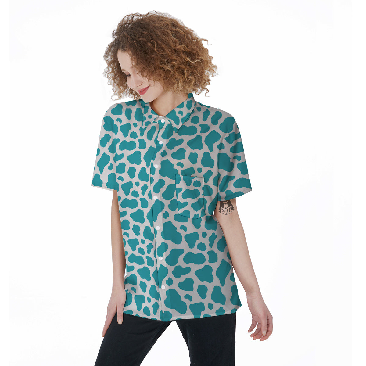 Aqua Cow Print Pattern Women's Short Sleeve Shirts-grizzshop