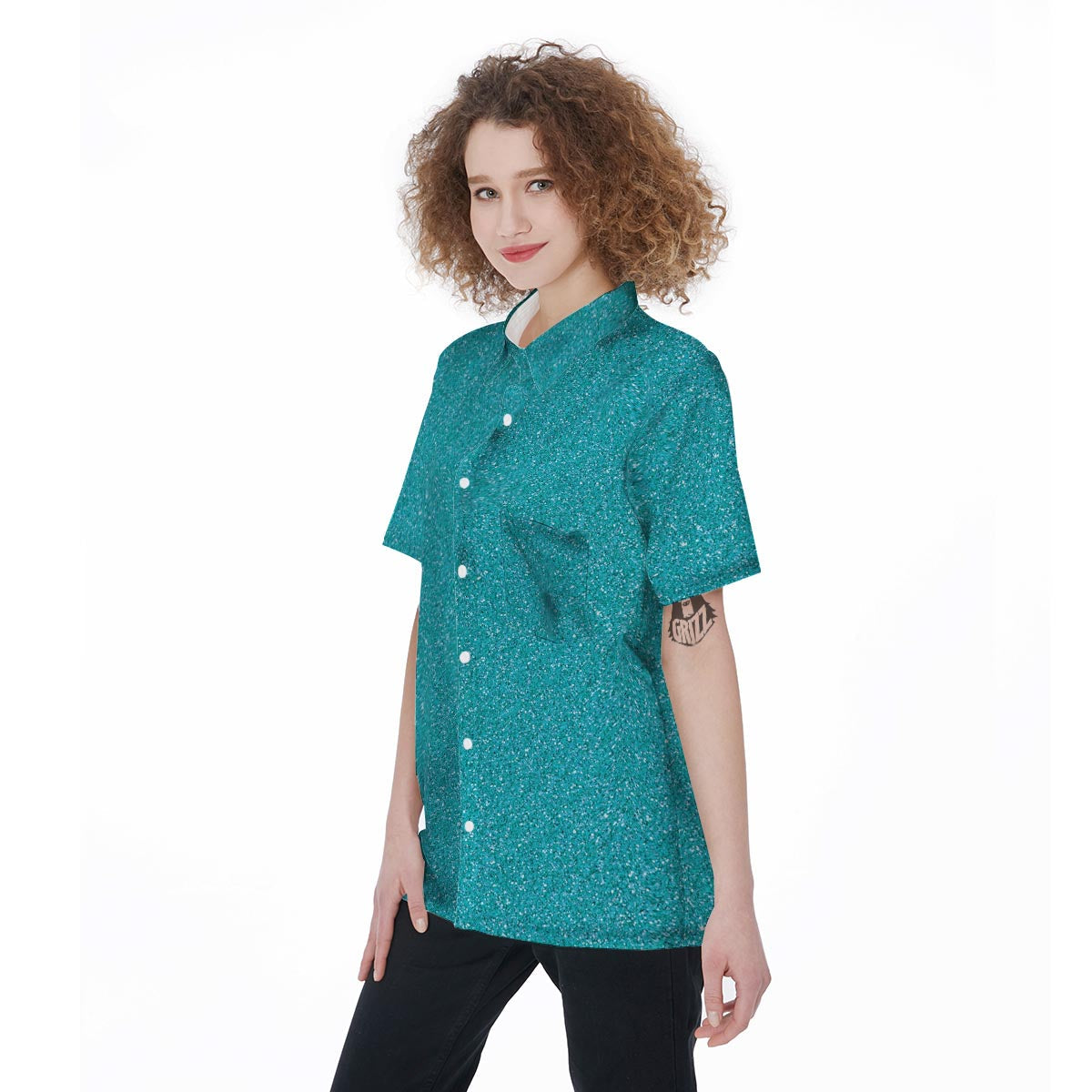 Aqua Glitter Texture Print Women's Short Sleeve Shirts-grizzshop