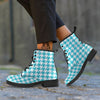 Aqua Houndstooth Print Leather Boots-grizzshop