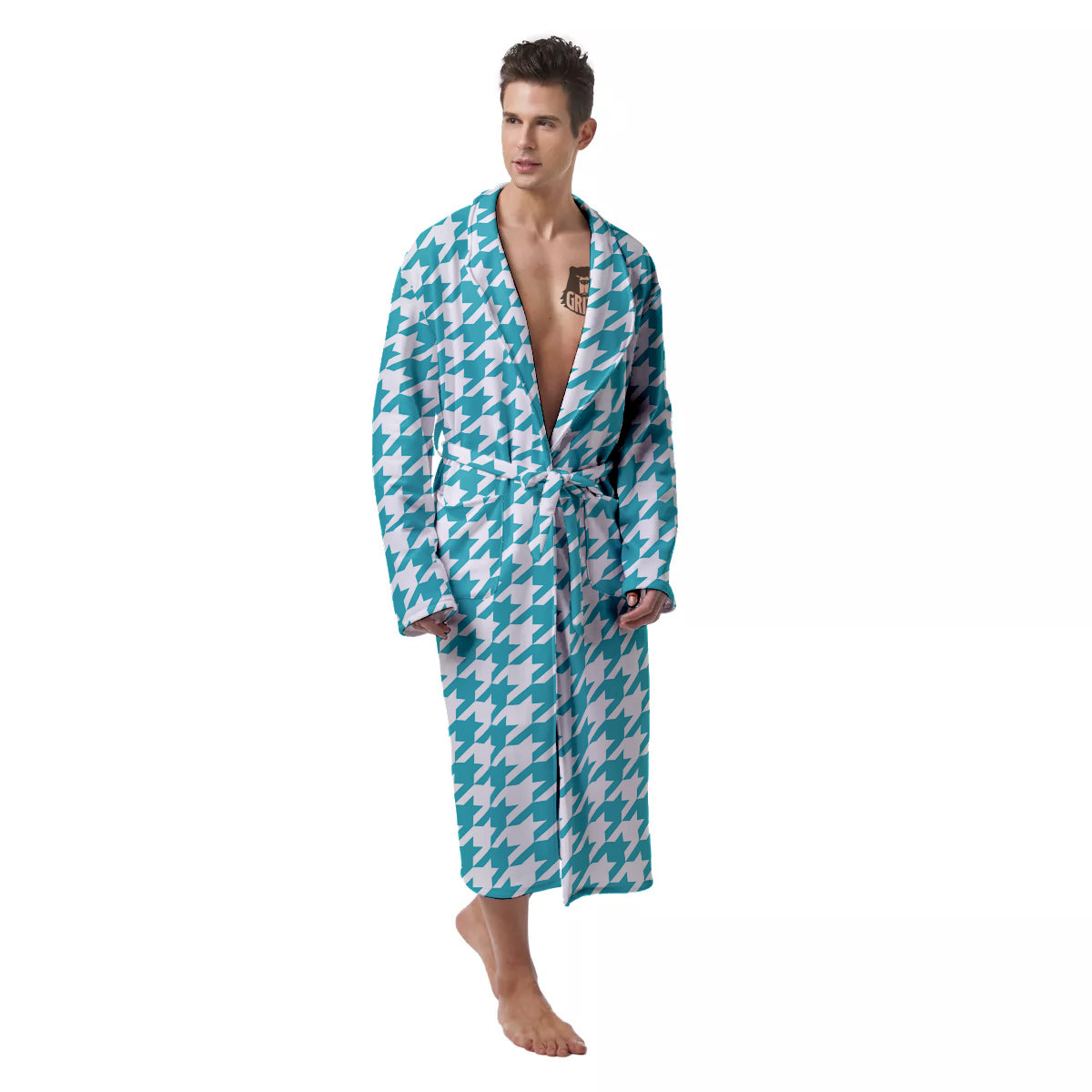 Aqua Houndstooth Print Men's Robe-grizzshop