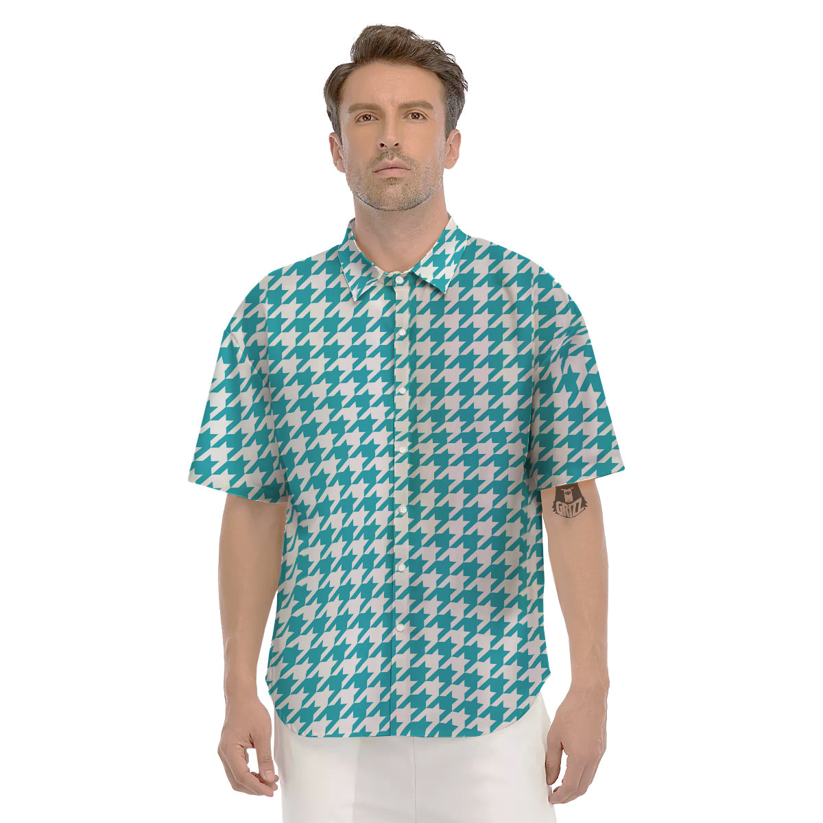 Aqua Houndstooth Print Men's Short Sleeve Shirts-grizzshop