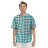 Aqua Houndstooth Print Men's Short Sleeve Shirts-grizzshop