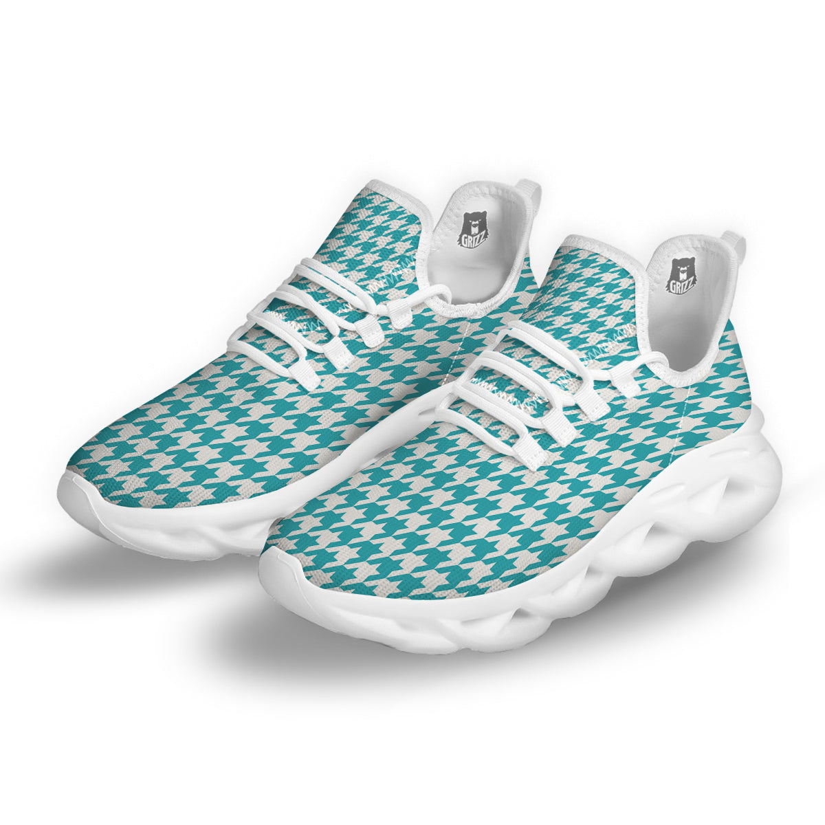 Aqua Houndstooth Print White Running Shoes-grizzshop