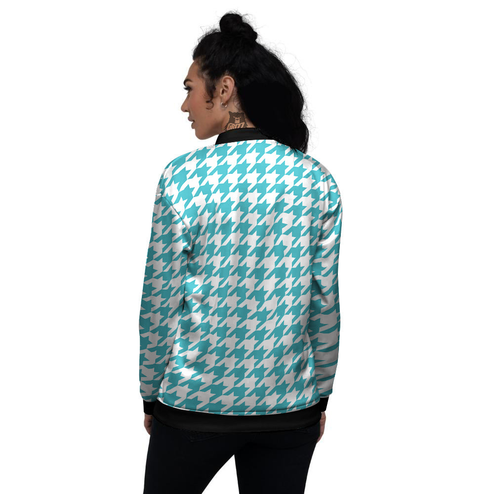 Aqua Houndstooth Print Women's Bomber Jacket-grizzshop