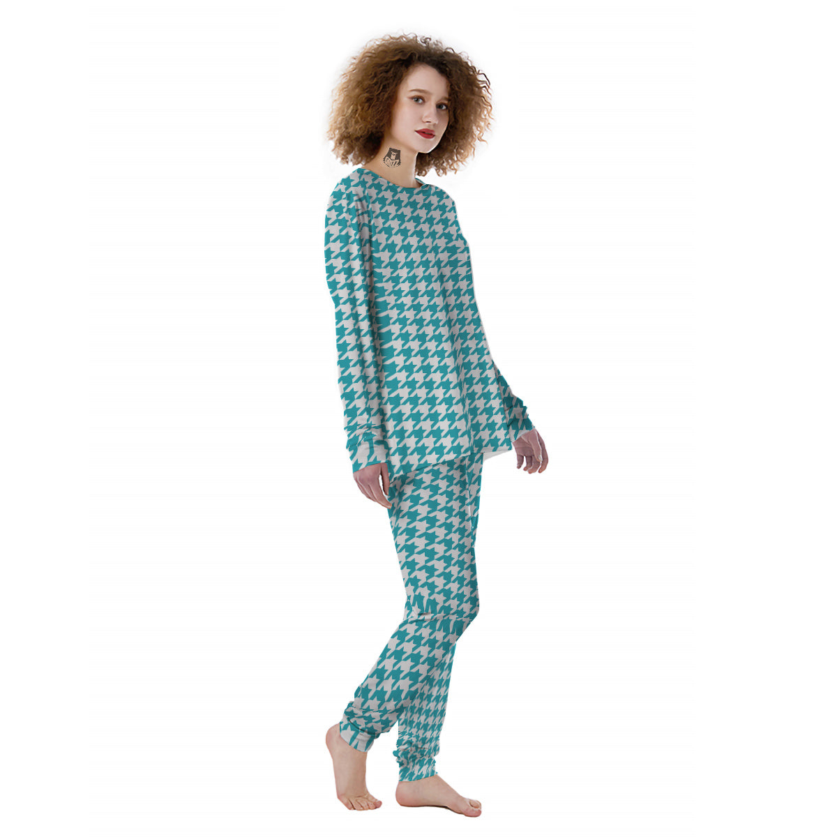 Aqua Houndstooth Print Women's Pajamas-grizzshop