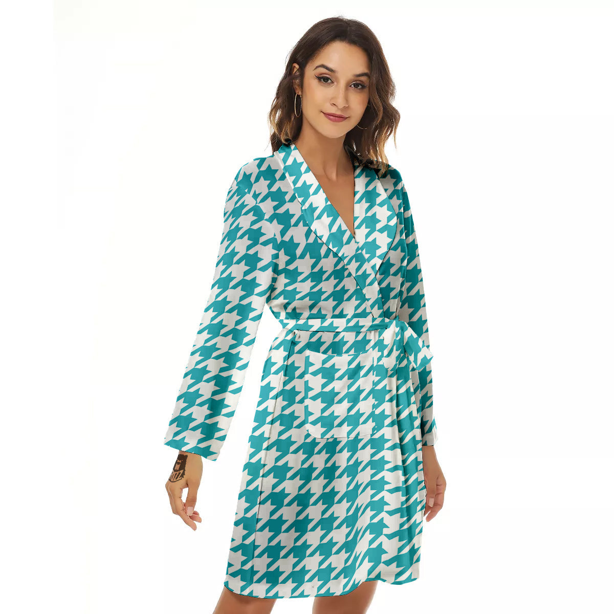 Aqua Houndstooth Print Women's Robe-grizzshop