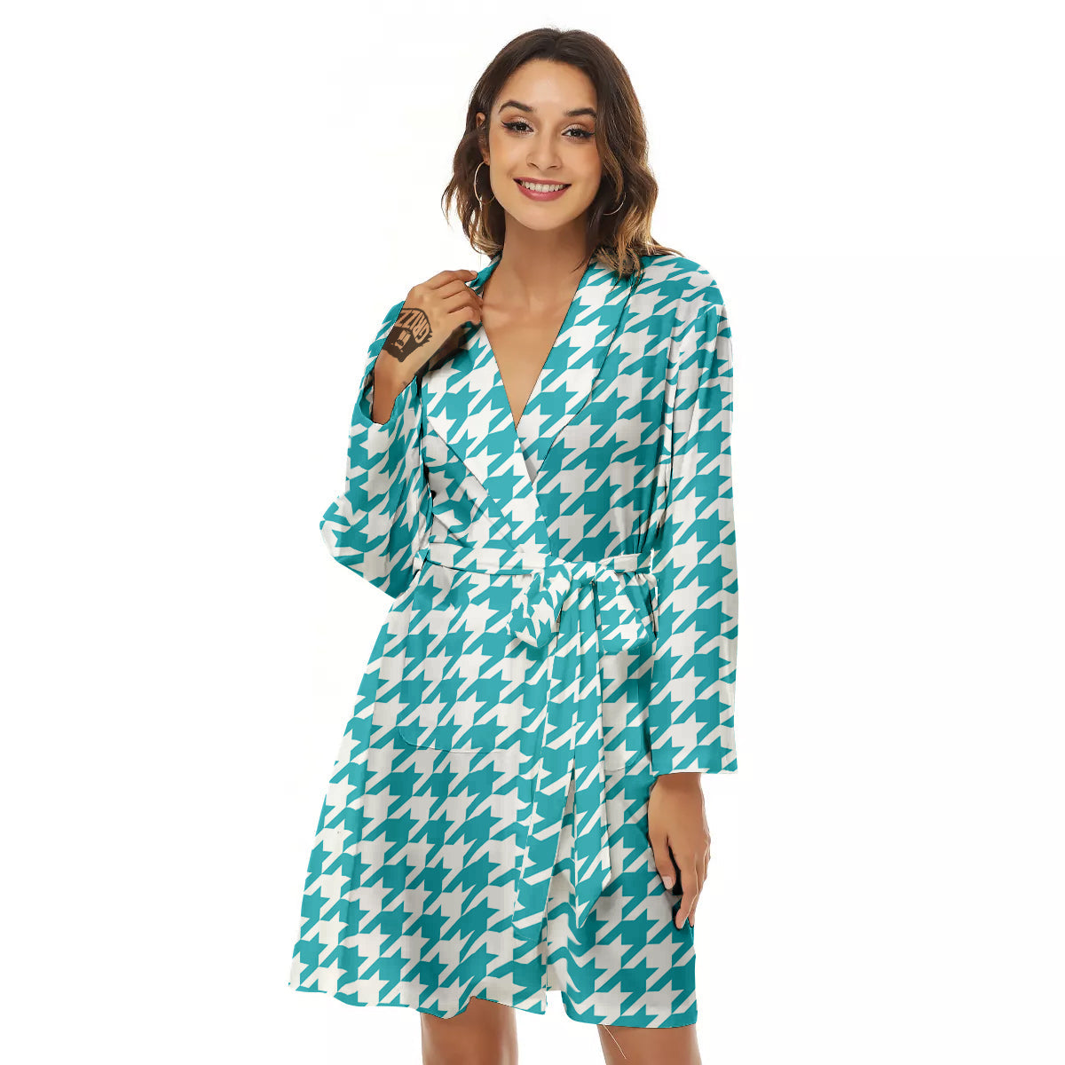 Aqua Houndstooth Print Women's Robe-grizzshop