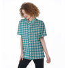 Aqua Houndstooth Print Women's Short Sleeve Shirts-grizzshop