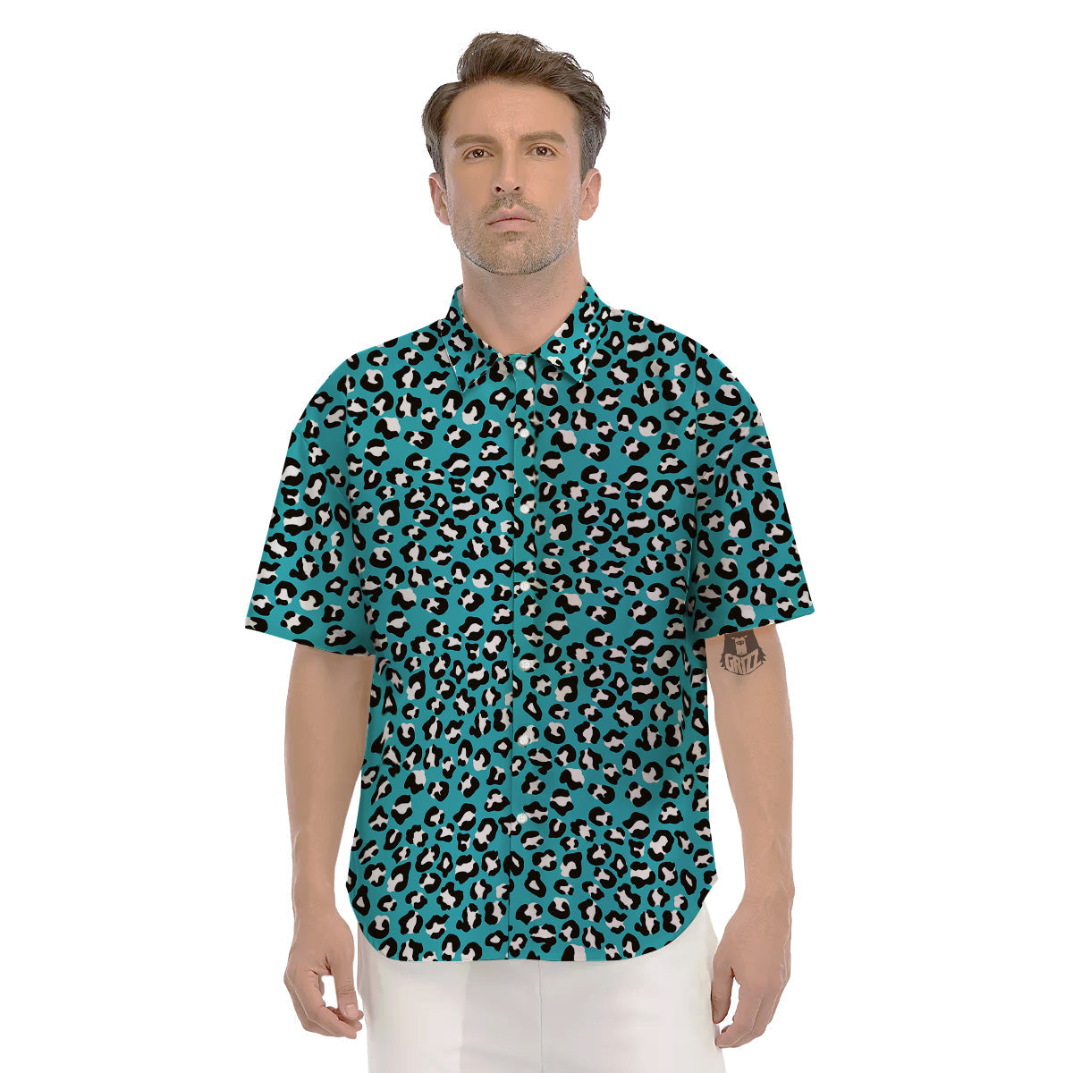 Aqua Leopard Print Pattern Men's Short Sleeve Shirts-grizzshop