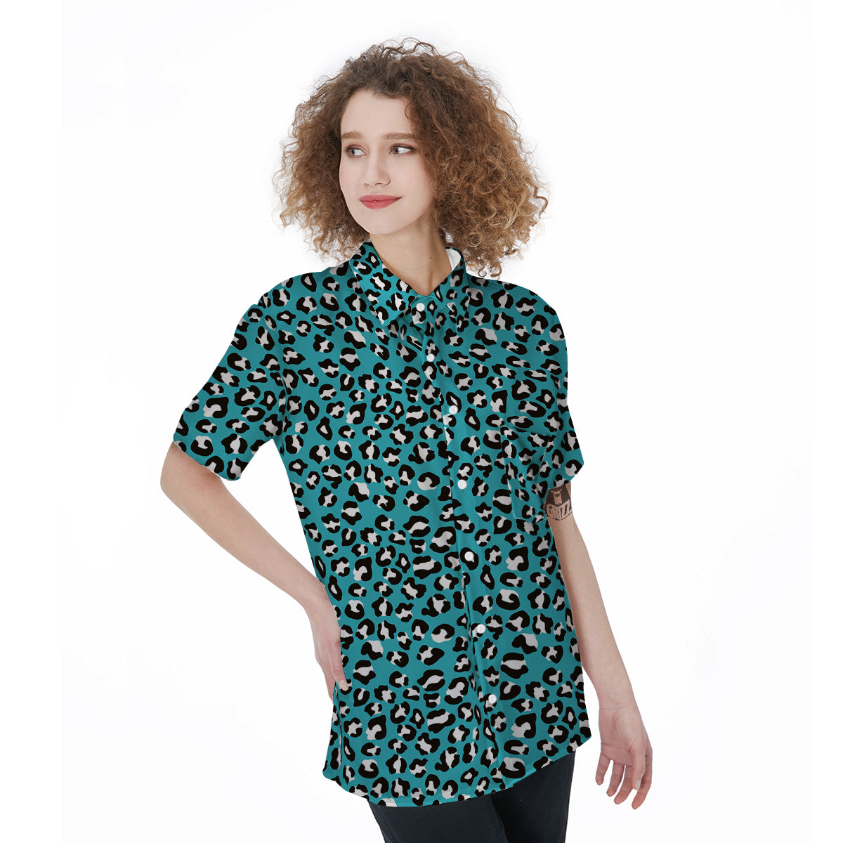 Aqua Leopard Print Pattern Women's Short Sleeve Shirts-grizzshop