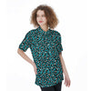 Aqua Leopard Print Pattern Women's Short Sleeve Shirts-grizzshop