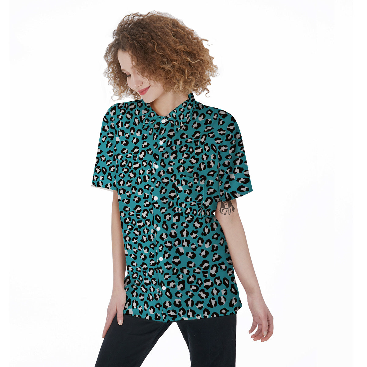 Aqua Leopard Print Pattern Women's Short Sleeve Shirts-grizzshop