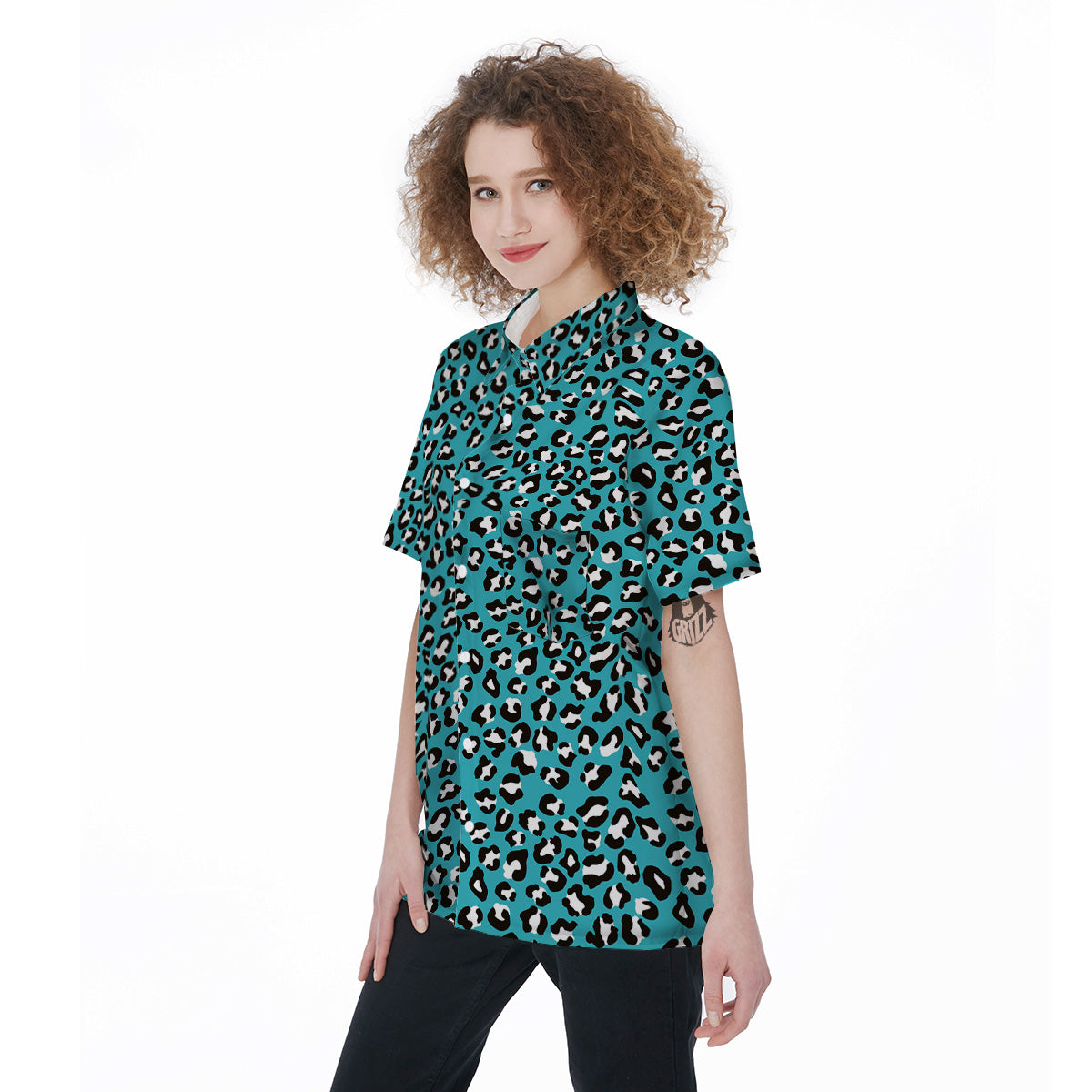 Aqua Leopard Print Pattern Women's Short Sleeve Shirts-grizzshop