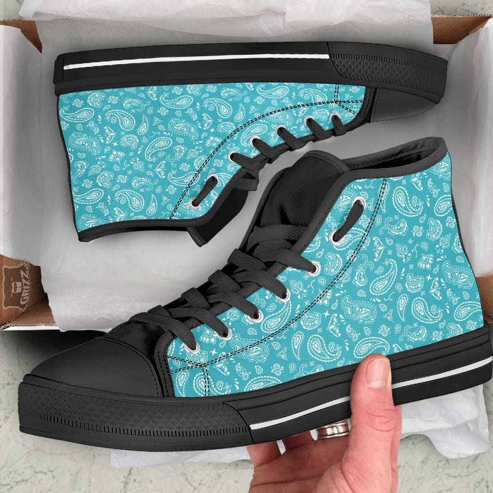 Aqua Paisley Bandana Print Black High Top Shoes-grizzshop