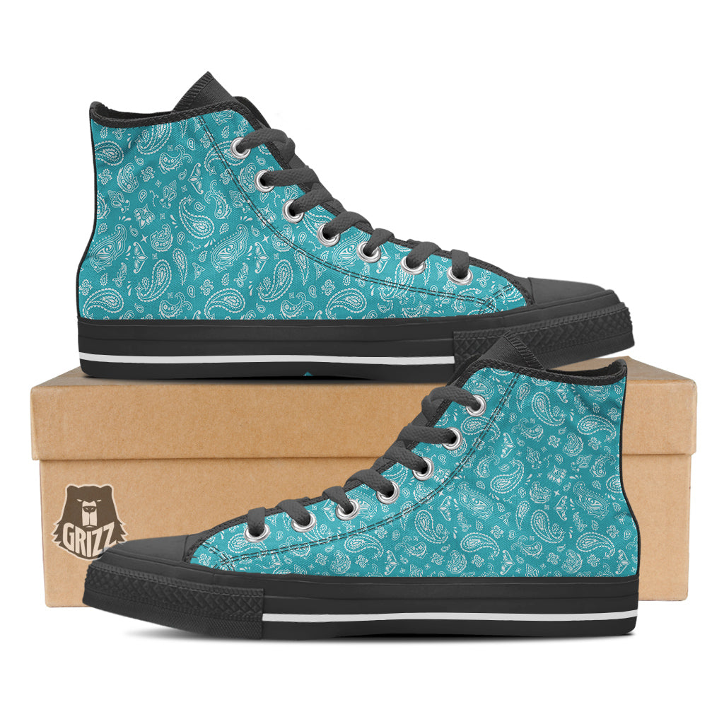 Aqua Paisley Bandana Print Black High Top Shoes-grizzshop