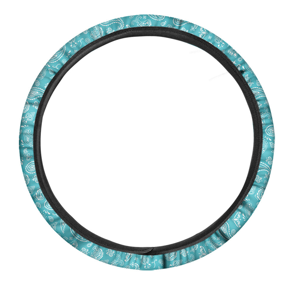 Aqua Paisley Bandana Print Car Steering Wheel Cover-grizzshop