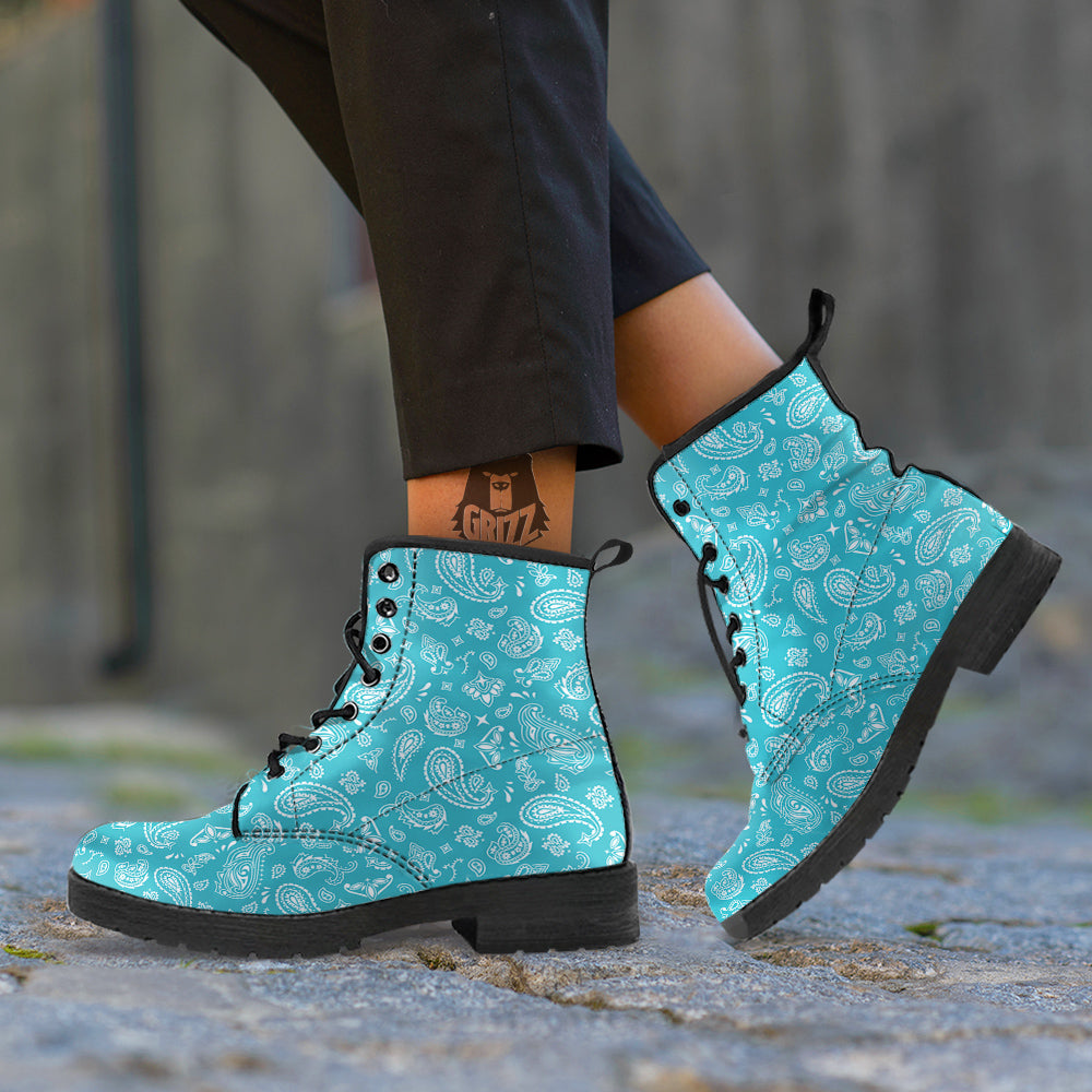 Aqua Paisley Bandana Print Leather Boots-grizzshop