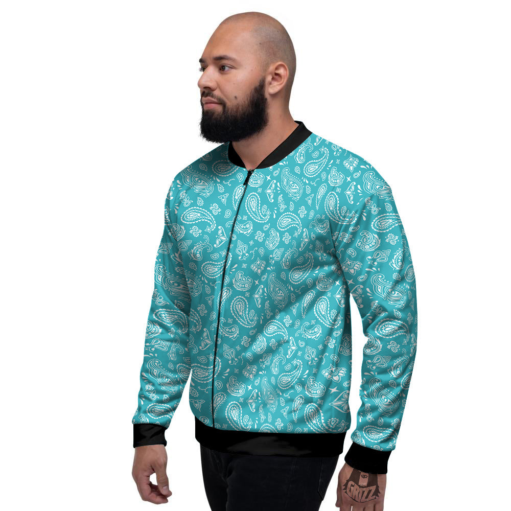 Aqua Paisley Bandana Print Men's Bomber Jacket-grizzshop