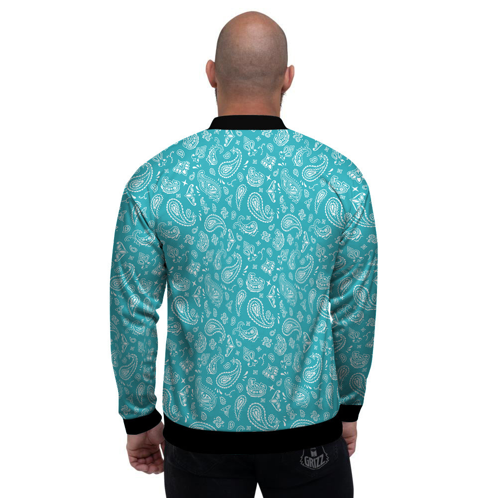 Aqua Paisley Bandana Print Men's Bomber Jacket-grizzshop