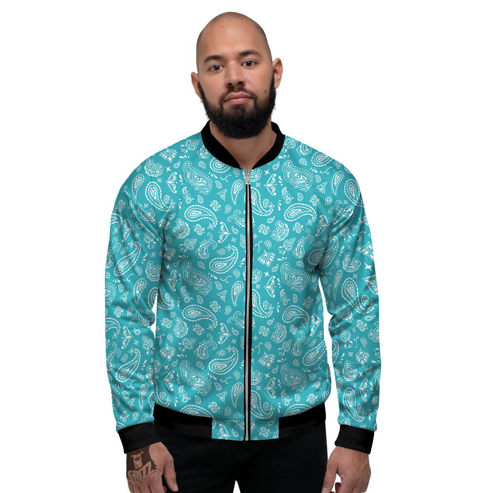 Aqua Paisley Bandana Print Men's Bomber Jacket-grizzshop