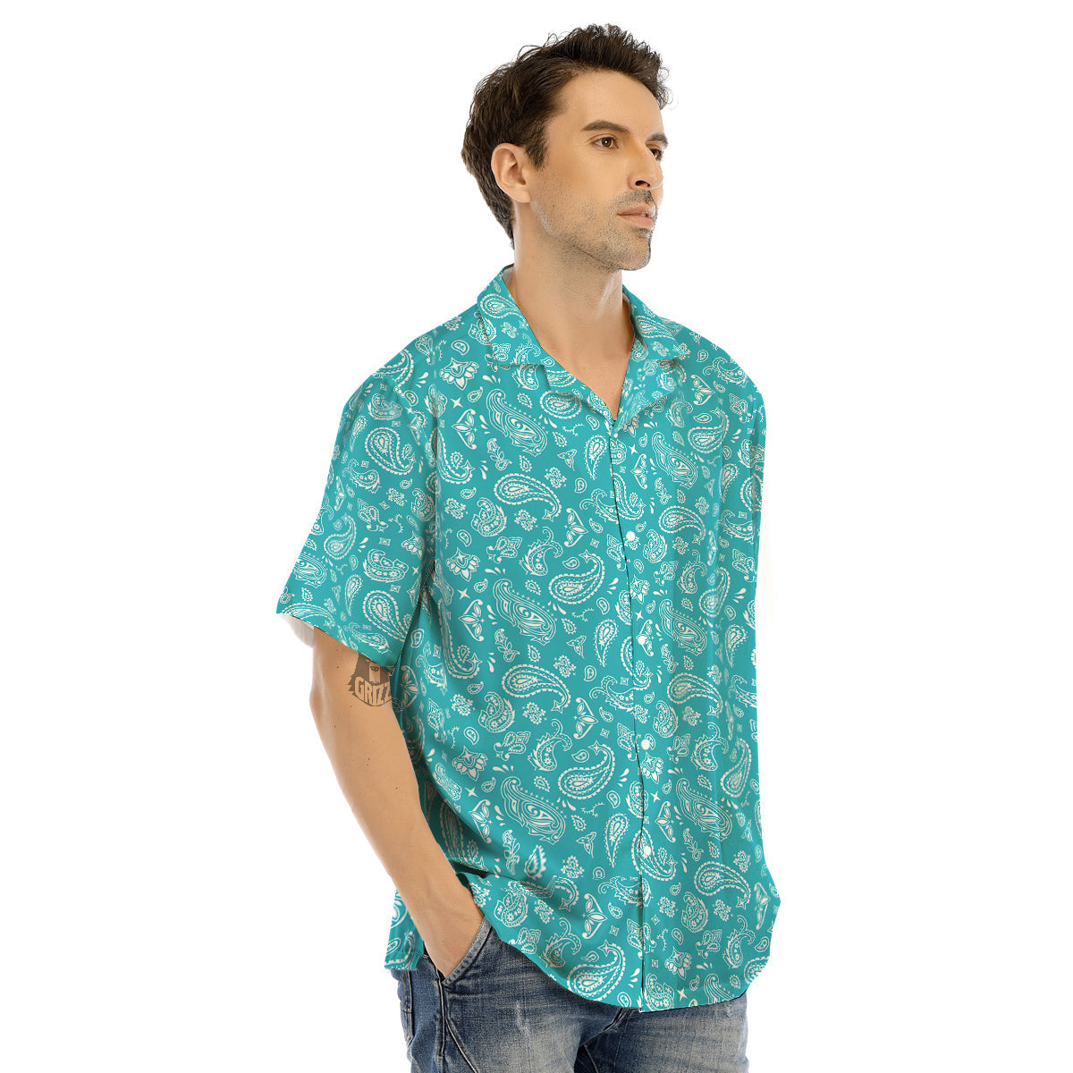Aqua Paisley Bandana Print Men’s Hawaiian Shirt-grizzshop