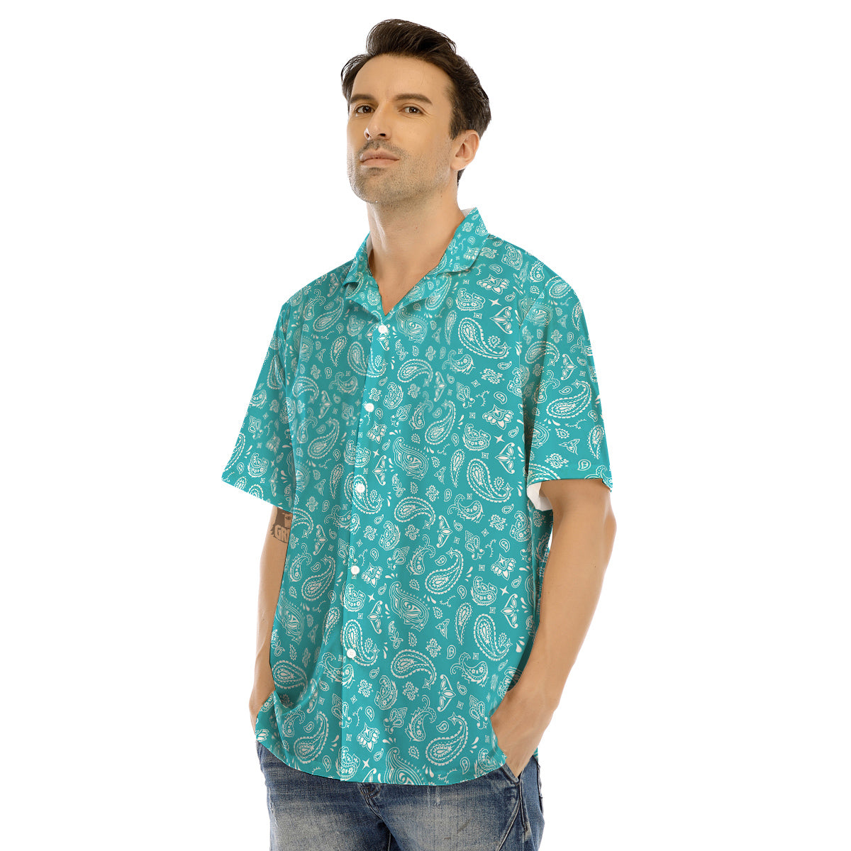 Aqua Paisley Bandana Print Men’s Hawaiian Shirt-grizzshop