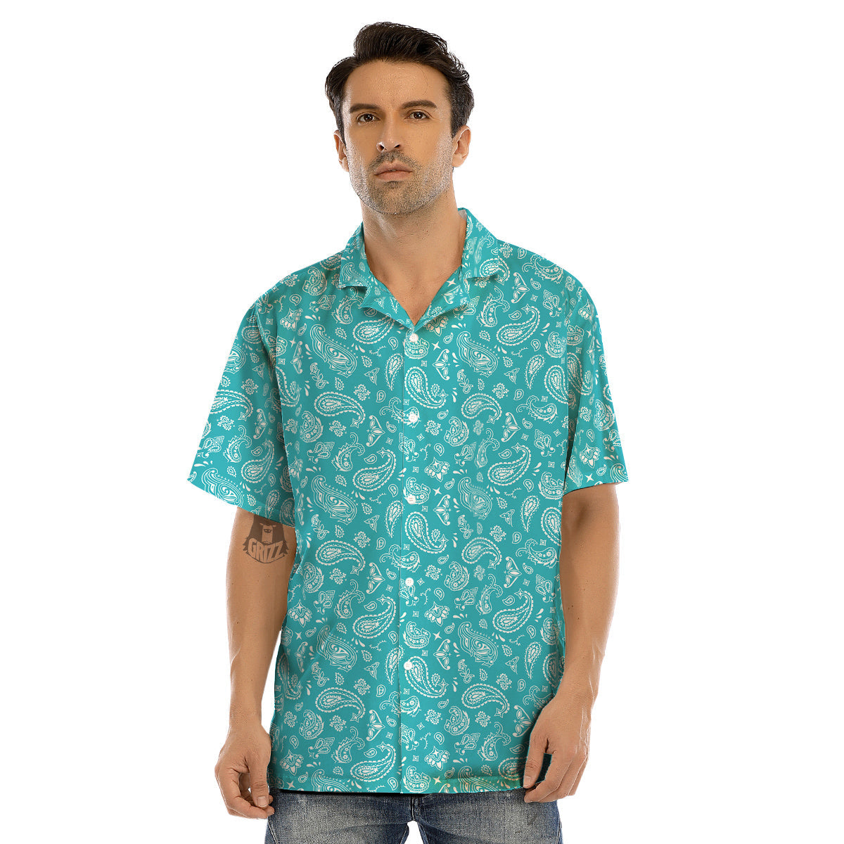 Aqua Paisley Bandana Print Men’s Hawaiian Shirt-grizzshop